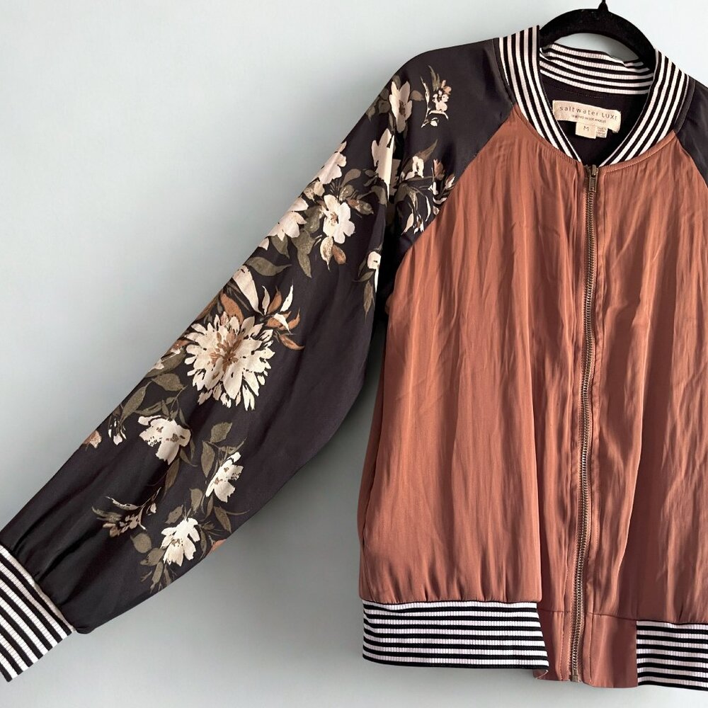 Saltwater Luxe by Anthropologie Floral Bomber Jacket Medium Rust Black Zip Front - Picture 3 of 8